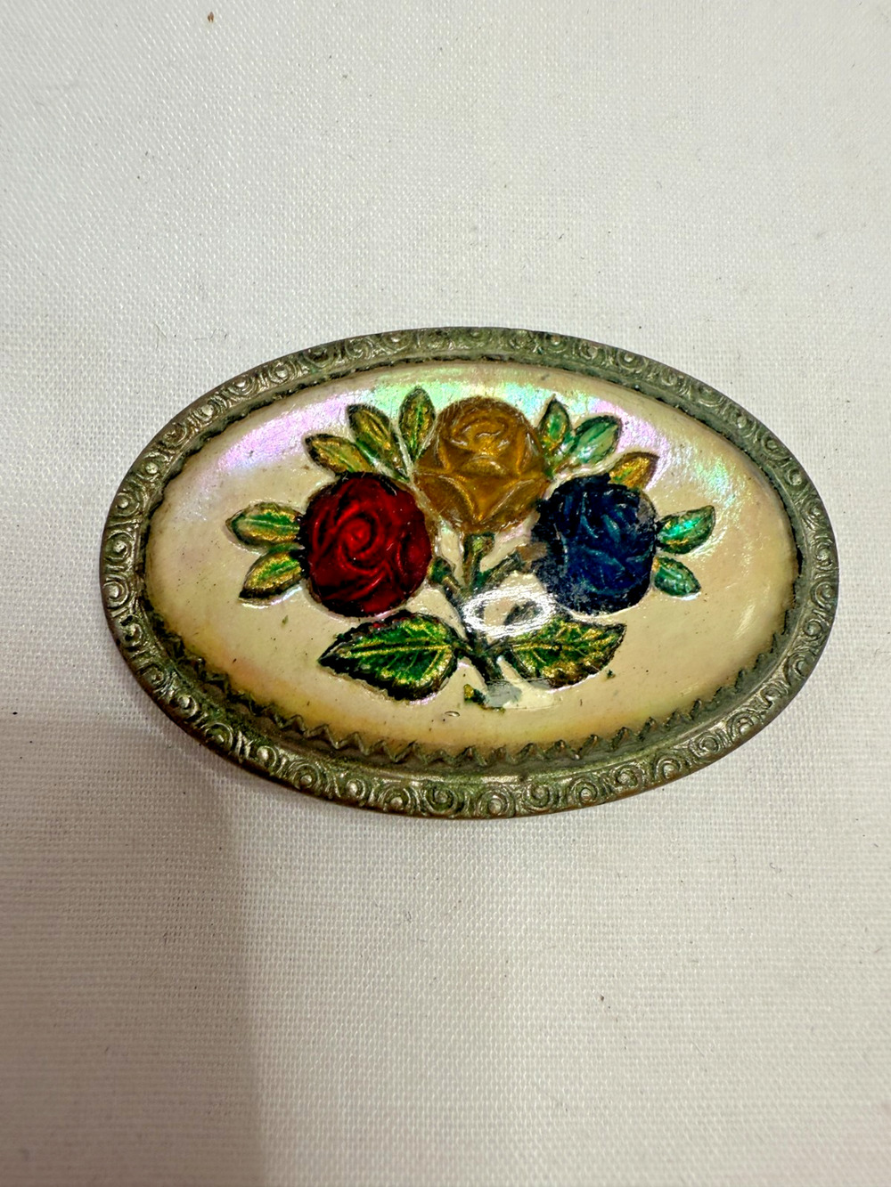 Vintage Oval Floral Enamel Brooch Roses Art Nouveau Revival Pin Statement